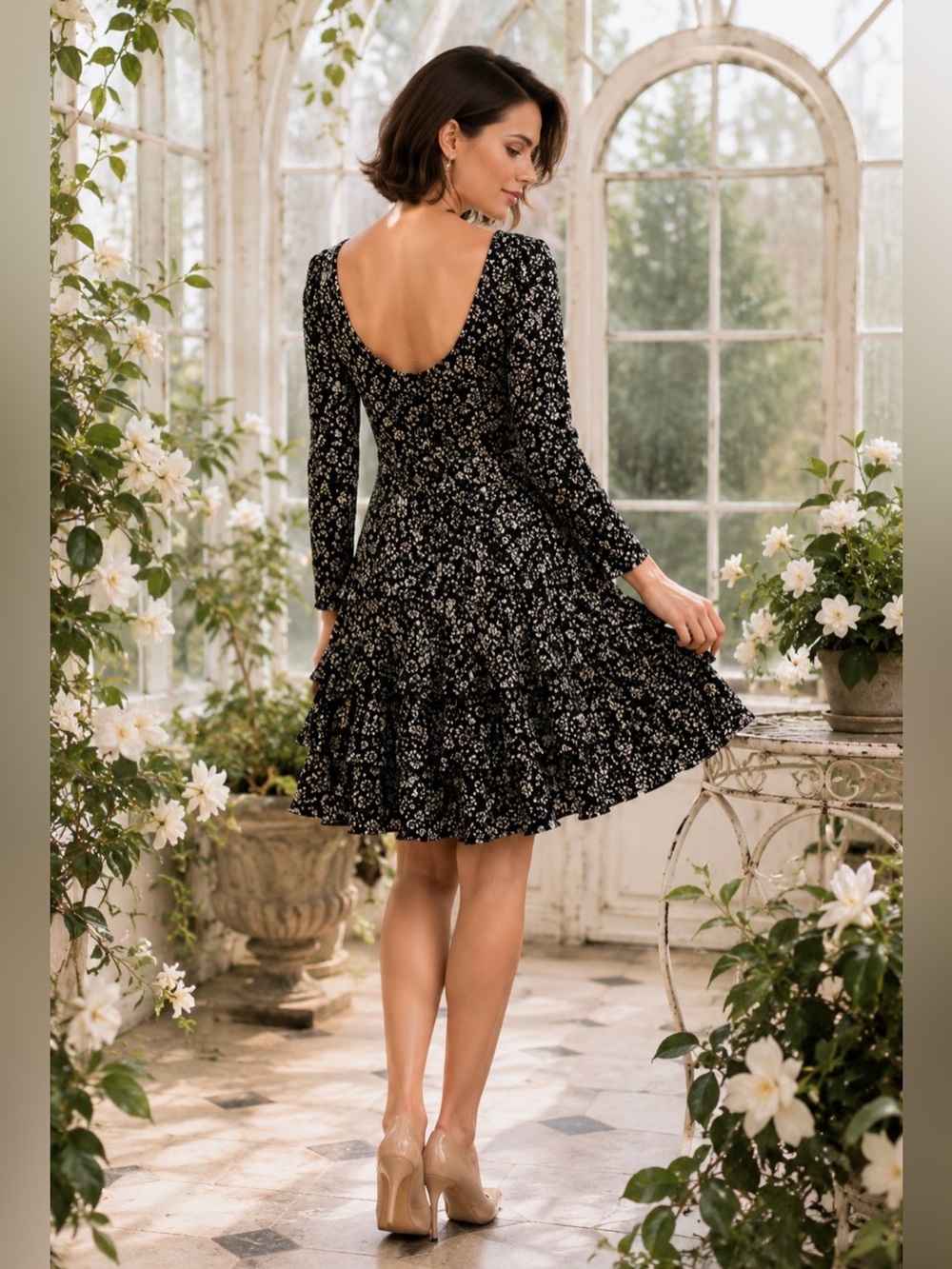 Vintage Ambria 100% Silk Floral Ruffle Dress Petite 4P Cottagecore Romantic Tea